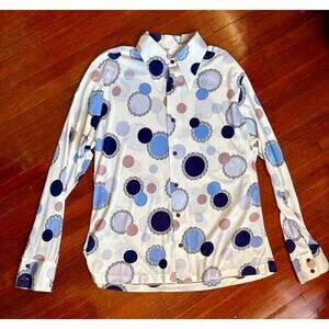 Vintage 70's Hippie White Blue Dagger Collar Circles Long Sleeve Shirt Large XL
